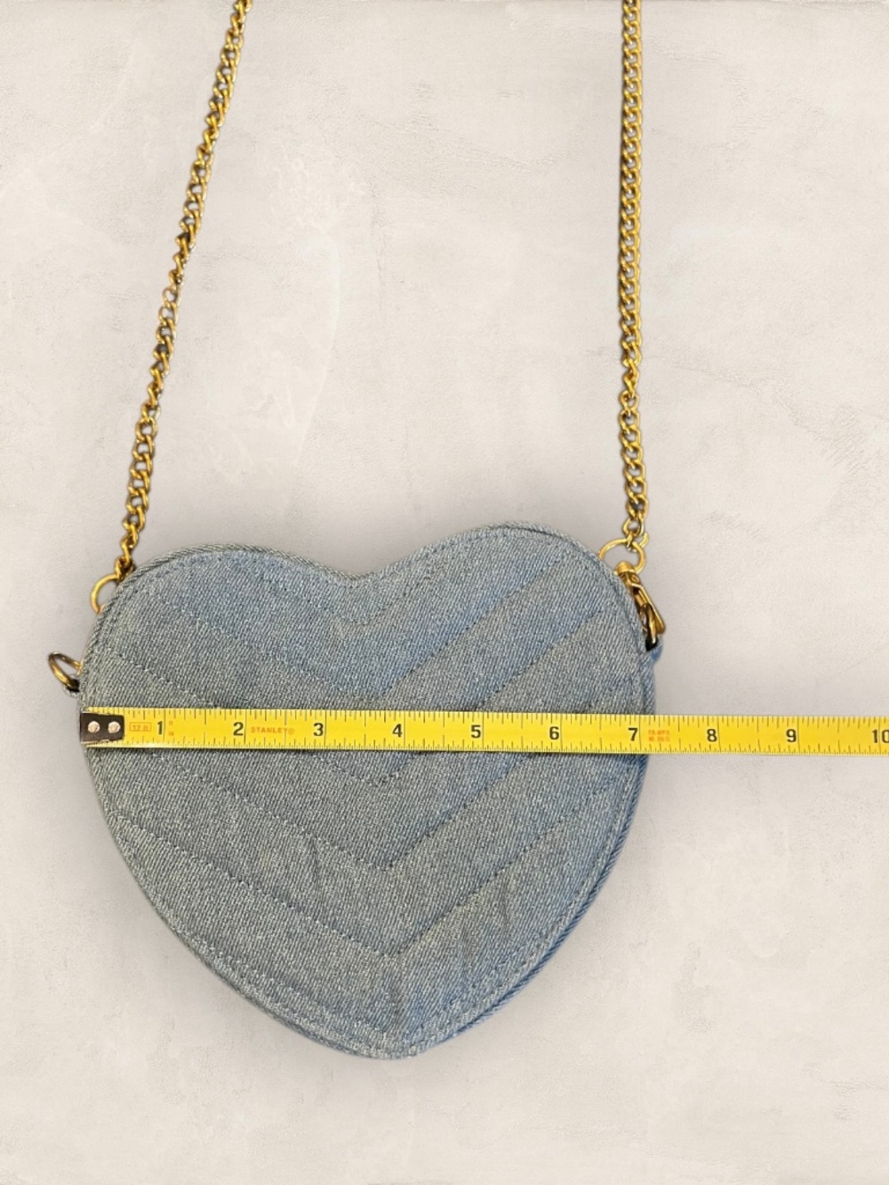 Heart Shaped Denim Crossbody Bag Quilted Blue w Chain & Extra Straps - Picture 9 of 13